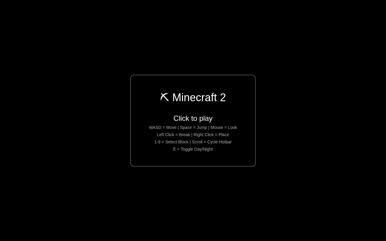 Minecraft demo 的启动画面:Click to play,WASD 移动、左键挖右键放